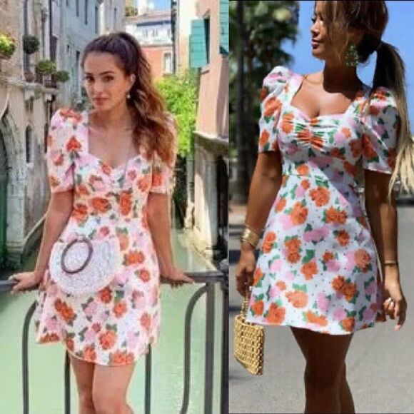 Zara Women Size S Floral Satin Rose Polka Dot Mini Dress Blogger Favorite Preppy